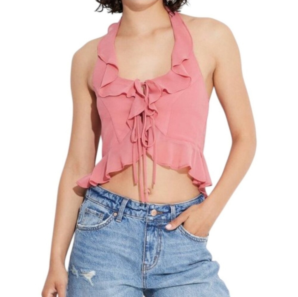Wild Fable Mauve Pink Ruffled Tie Halter Crop Top